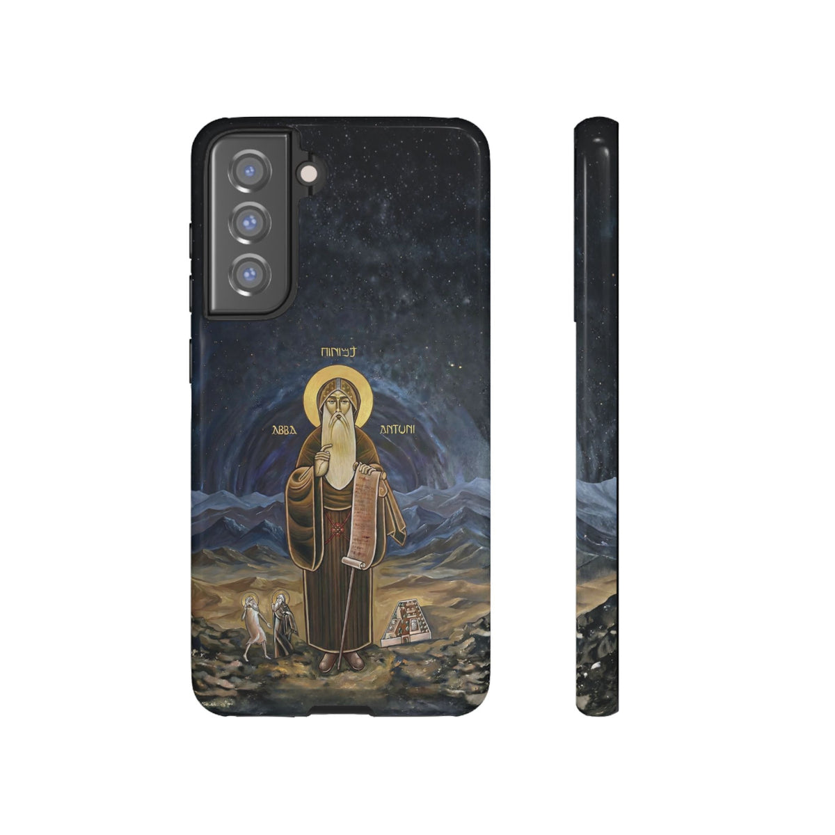 Christelijk telefoonhoesje Sint-Antonius de Grote donkerblauw mat
