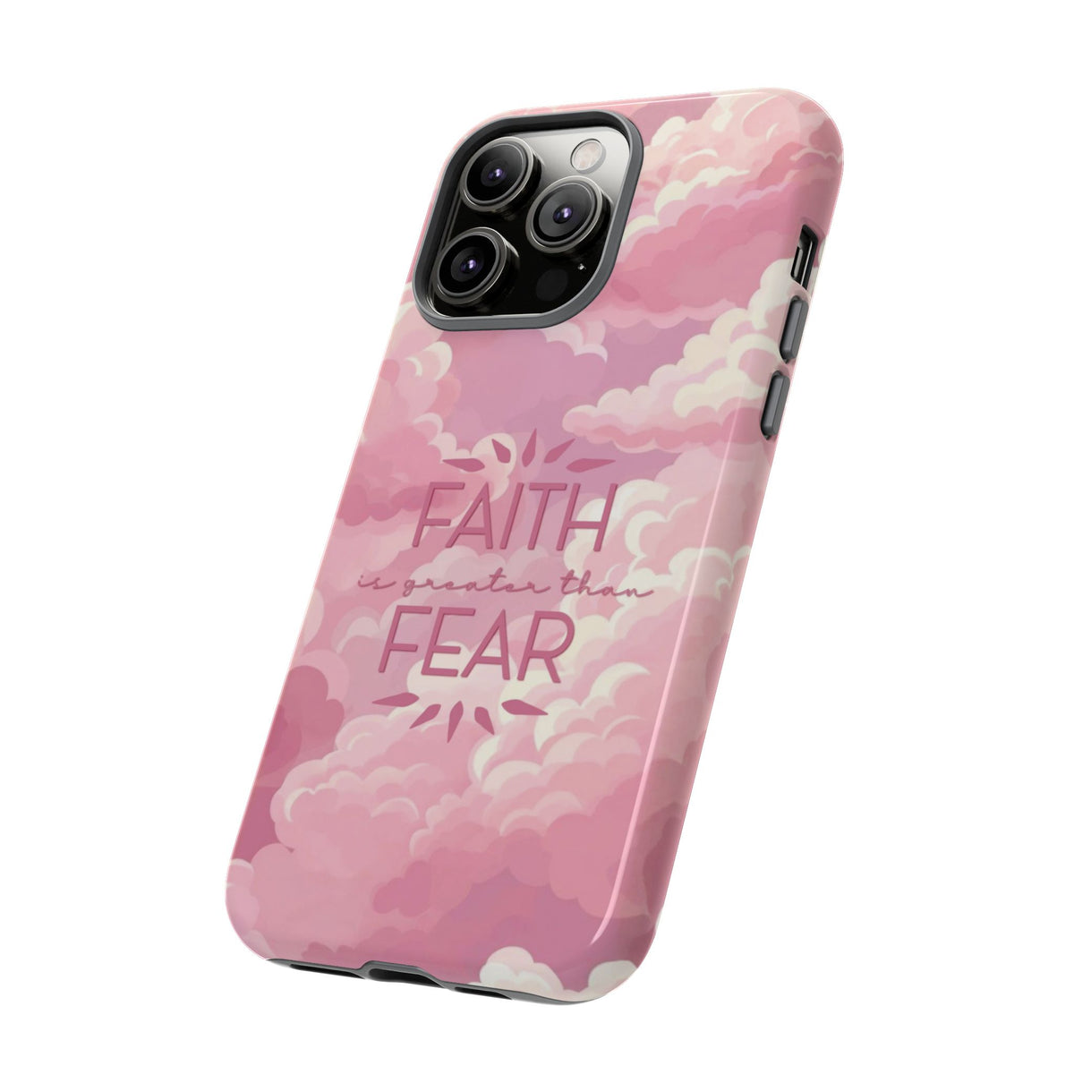 Christelijk telefoonhoesje Geloof is sterker dan angst roze mat