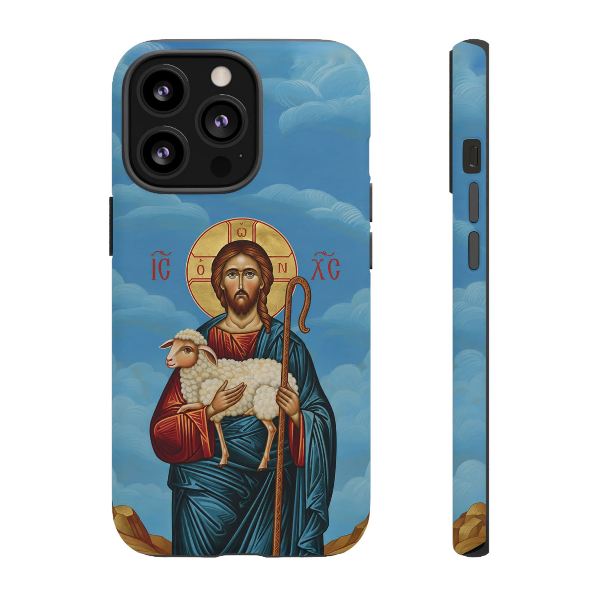 Christelijk telefoonhoesje De Goede Herder blauw mat