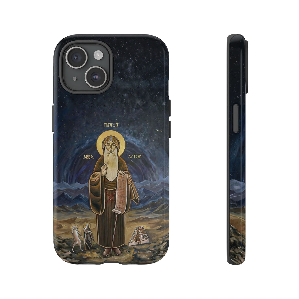 Christelijk telefoonhoesje Sint-Antonius de Grote donkerblauw mat