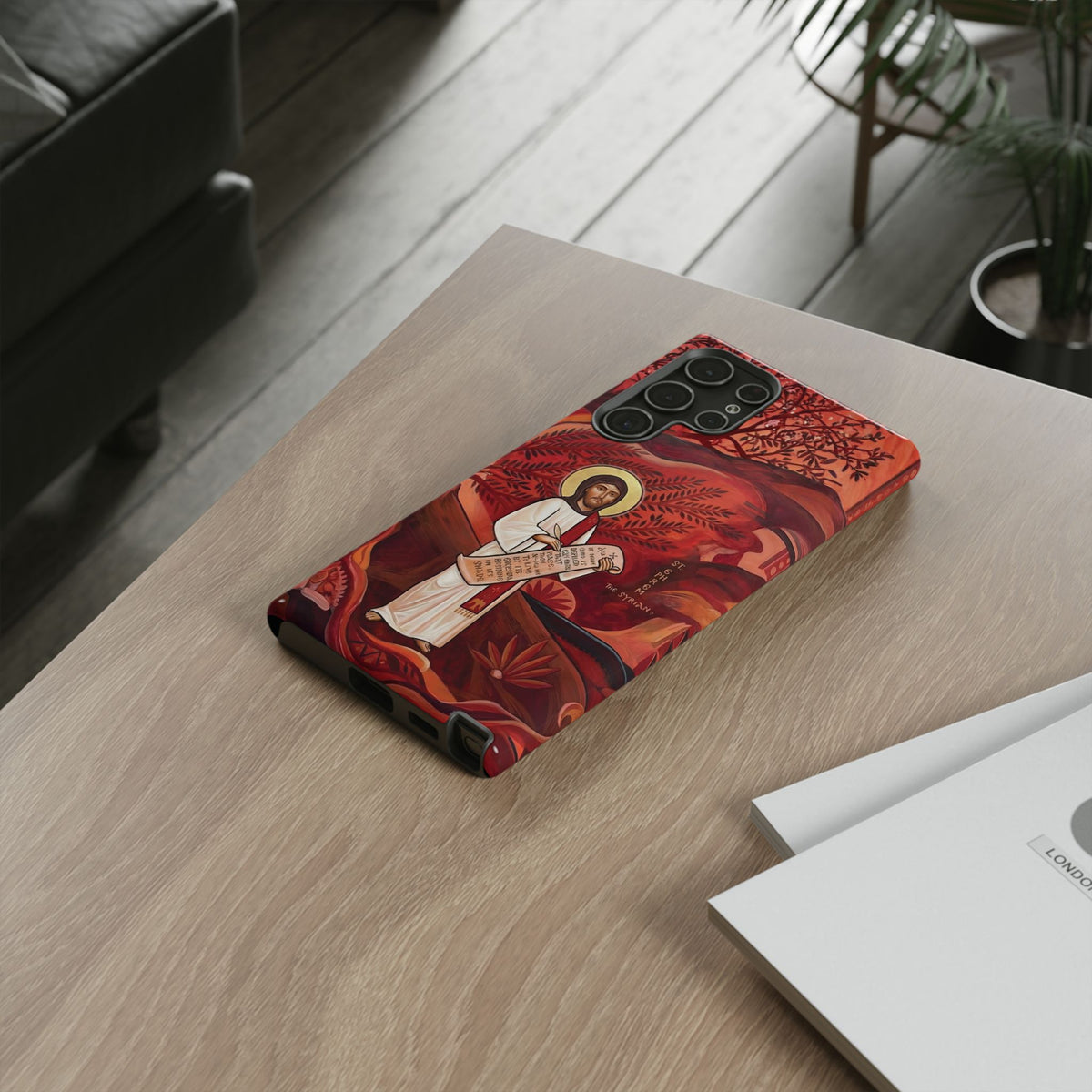 Christelijk telefoonhoesje Sint-Efrem de Syriër rood mat