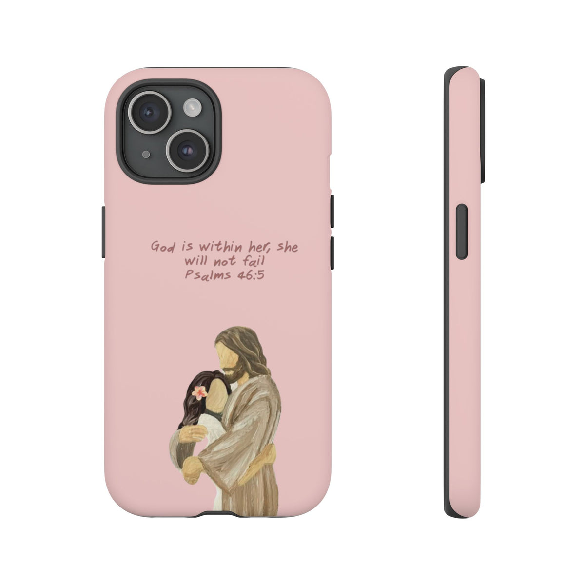 Christelijk telefoonhoesje God is in haar roze mat