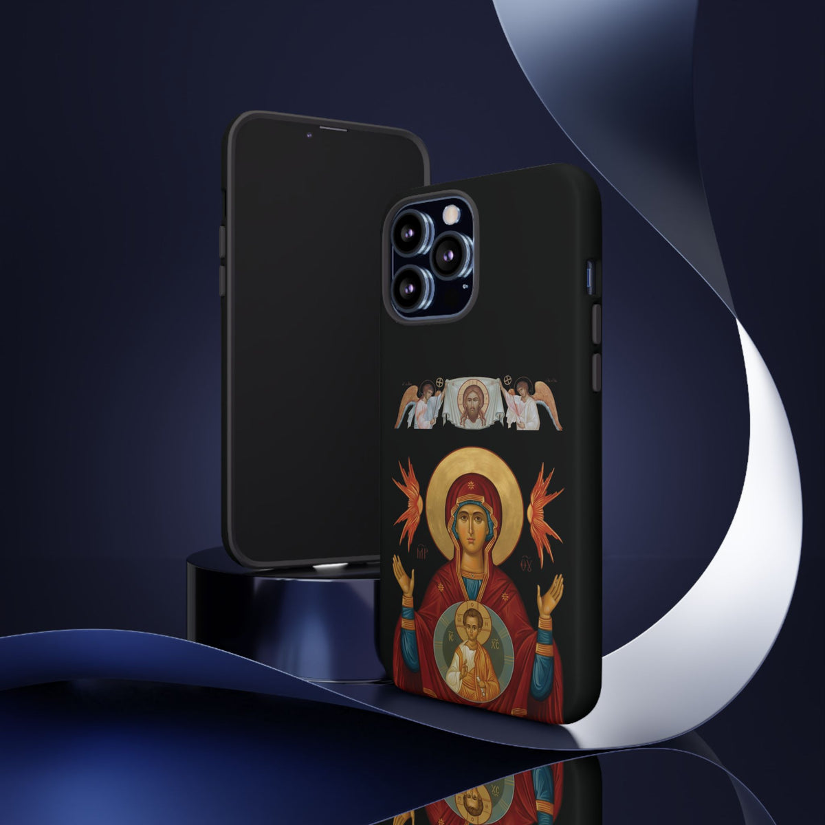 Christelijk telefoonhoesje De Heilige Maagd Maria zwart mat