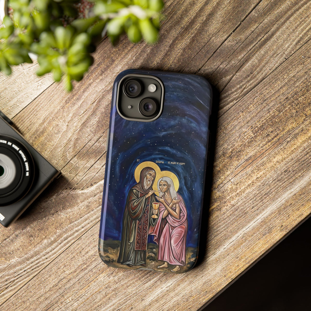Christelijk telefoonhoesje Maria van Egypte en Sint-Zosimas donkerblauw mat