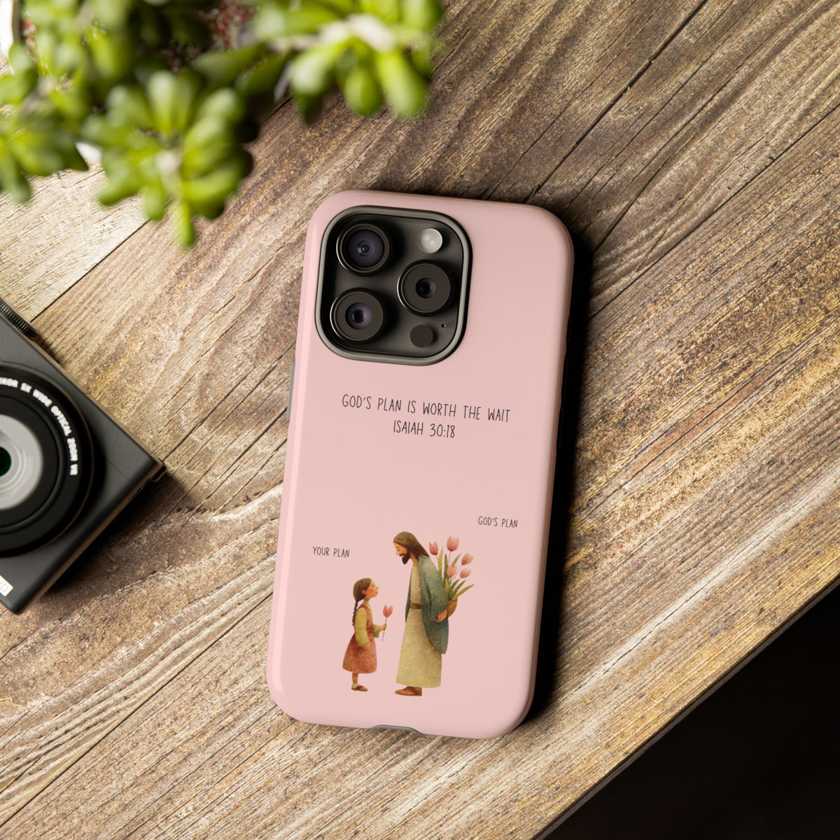 Christelijk telefoonhoesje Gods plan is beter roze mat