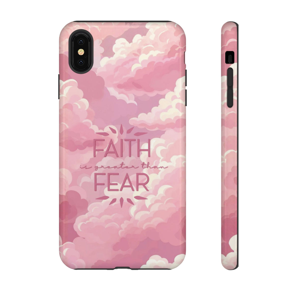 Christelijk telefoonhoesje Geloof is sterker dan angst roze mat
