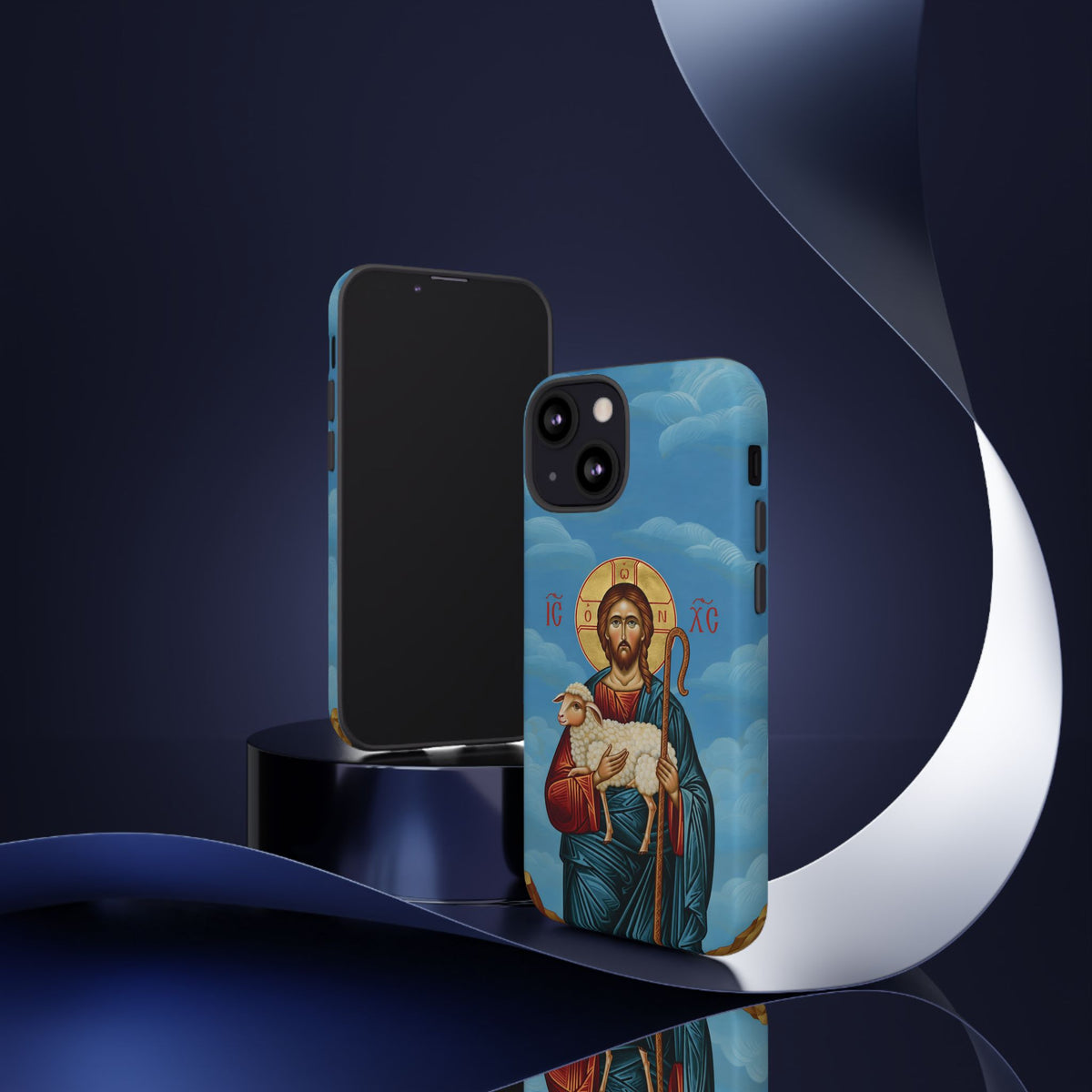 Christelijk telefoonhoesje De Goede Herder blauw mat