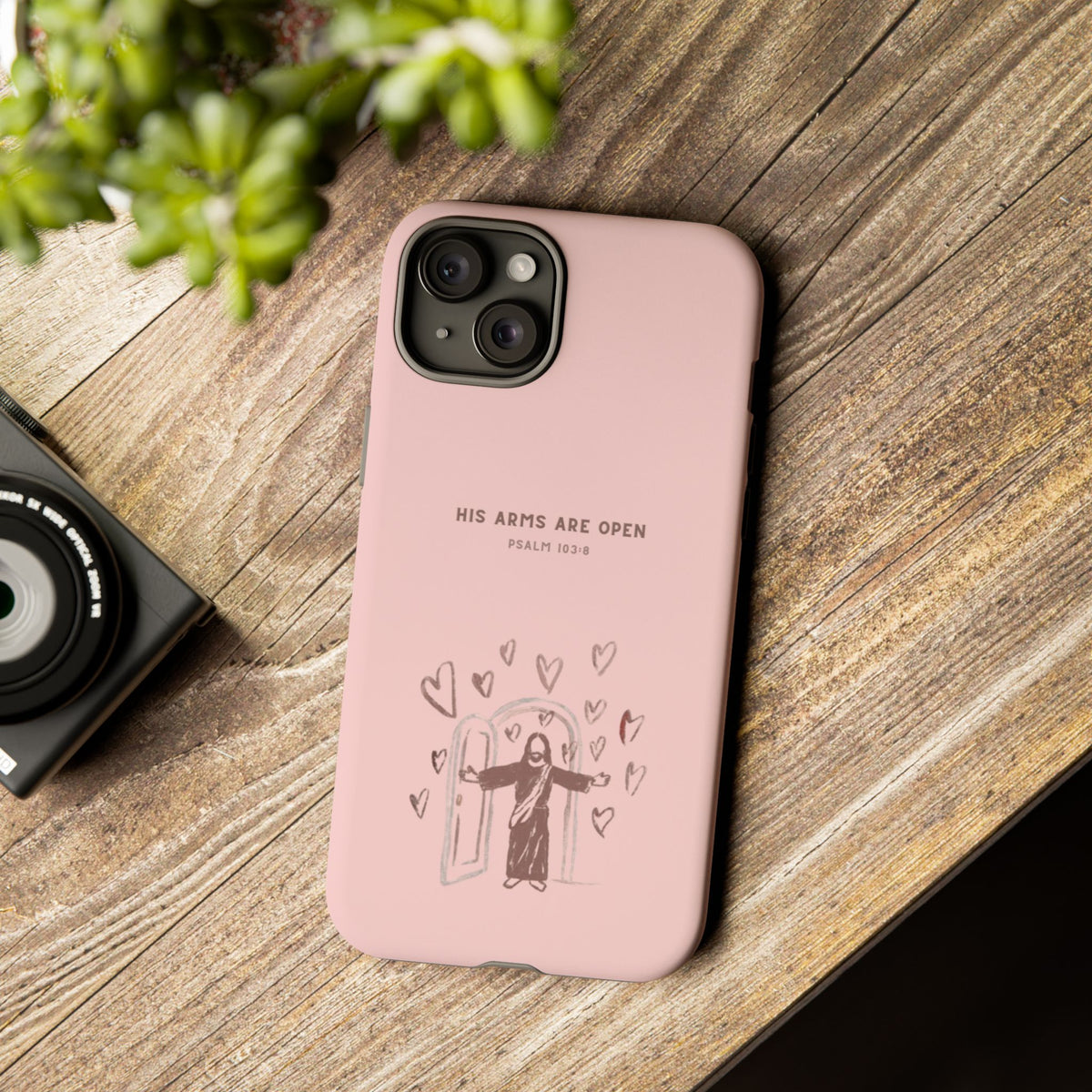 Christelijk telefoonhoesje Zijn armen staan open roze mat