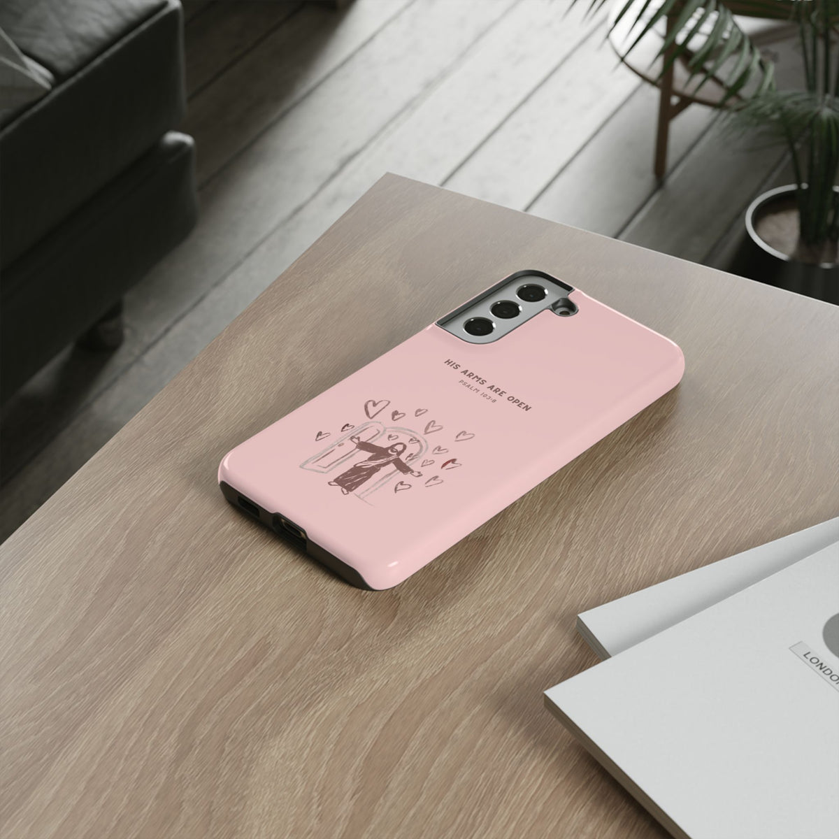 Christelijk telefoonhoesje Zijn armen staan open roze mat