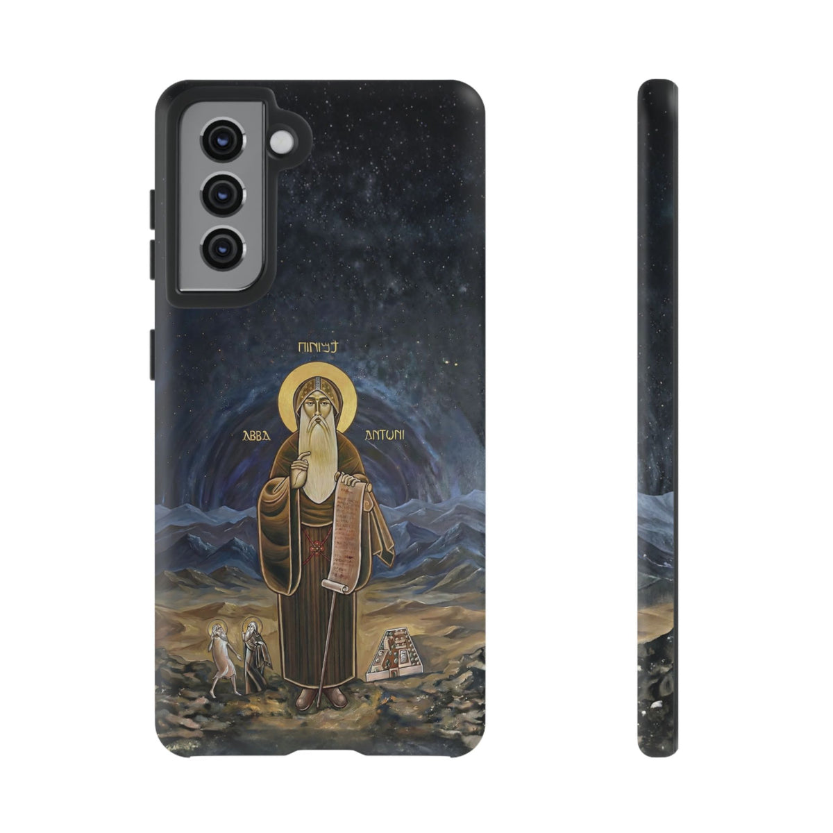 Christelijk telefoonhoesje Sint-Antonius de Grote donkerblauw mat