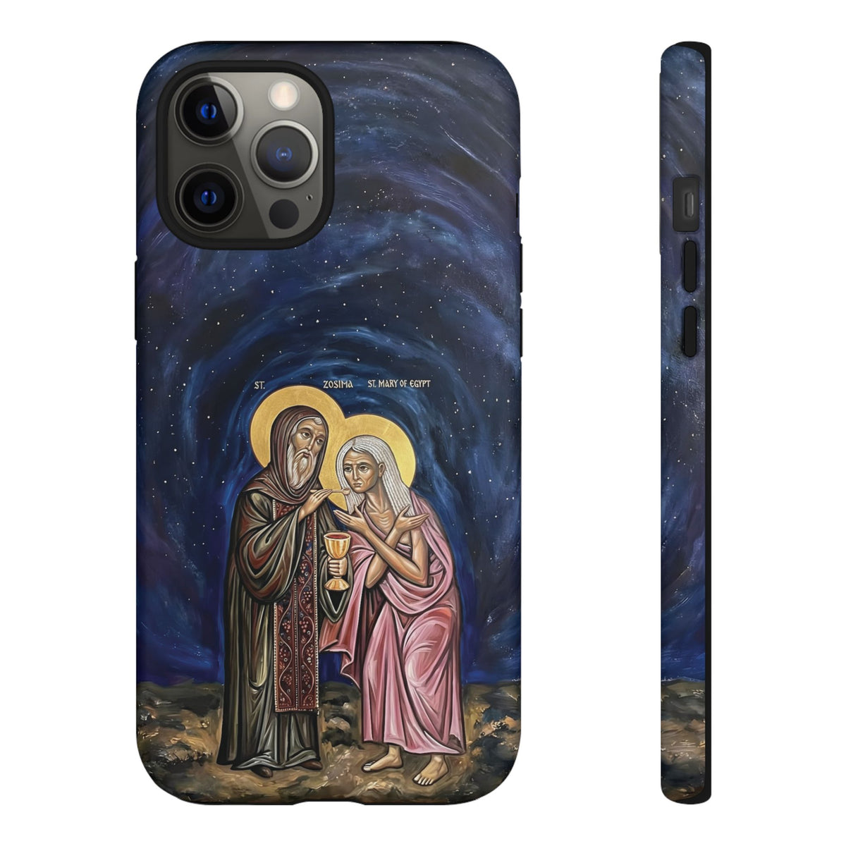Christelijk telefoonhoesje Maria van Egypte en Sint-Zosimas donkerblauw mat