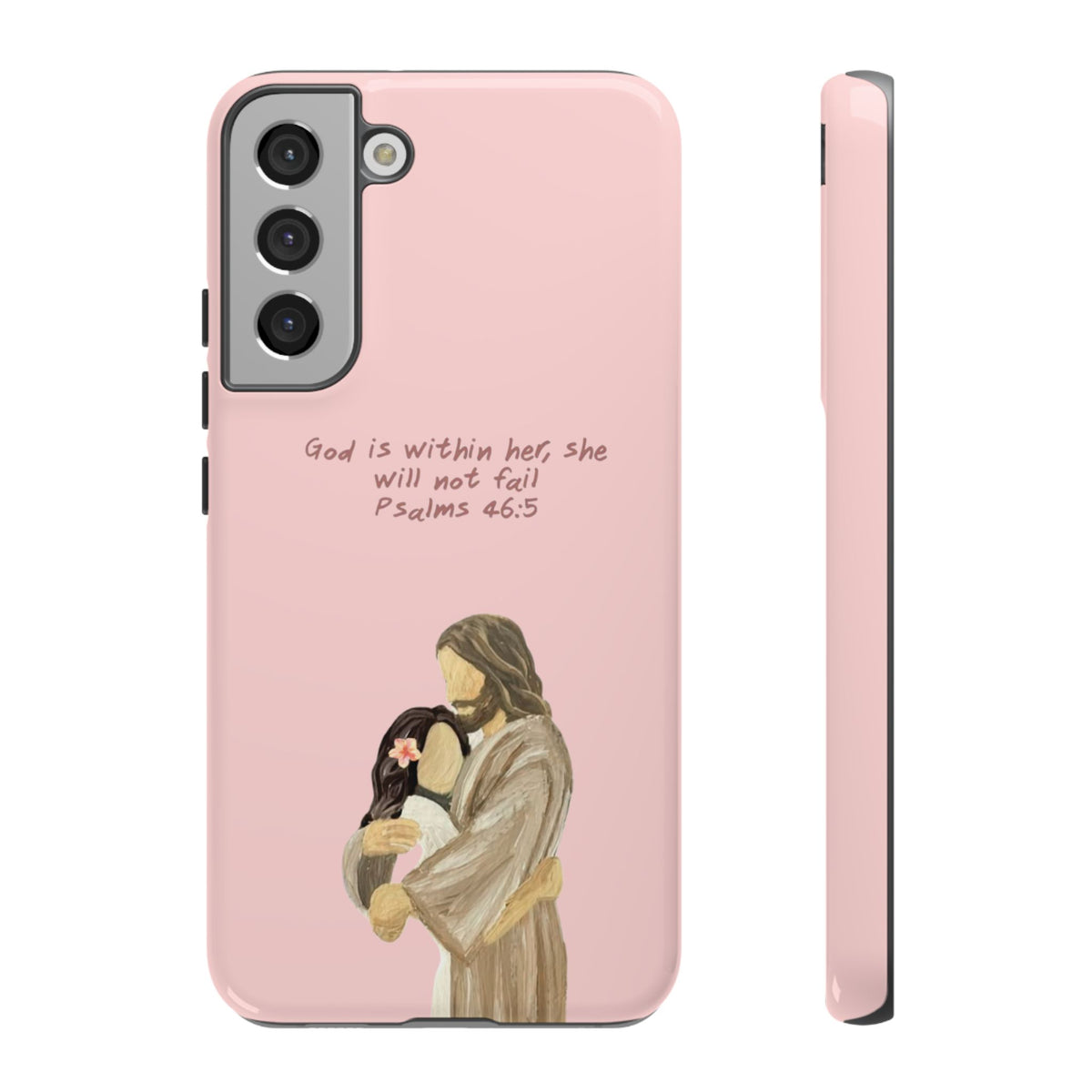 Christelijk telefoonhoesje God is in haar roze mat