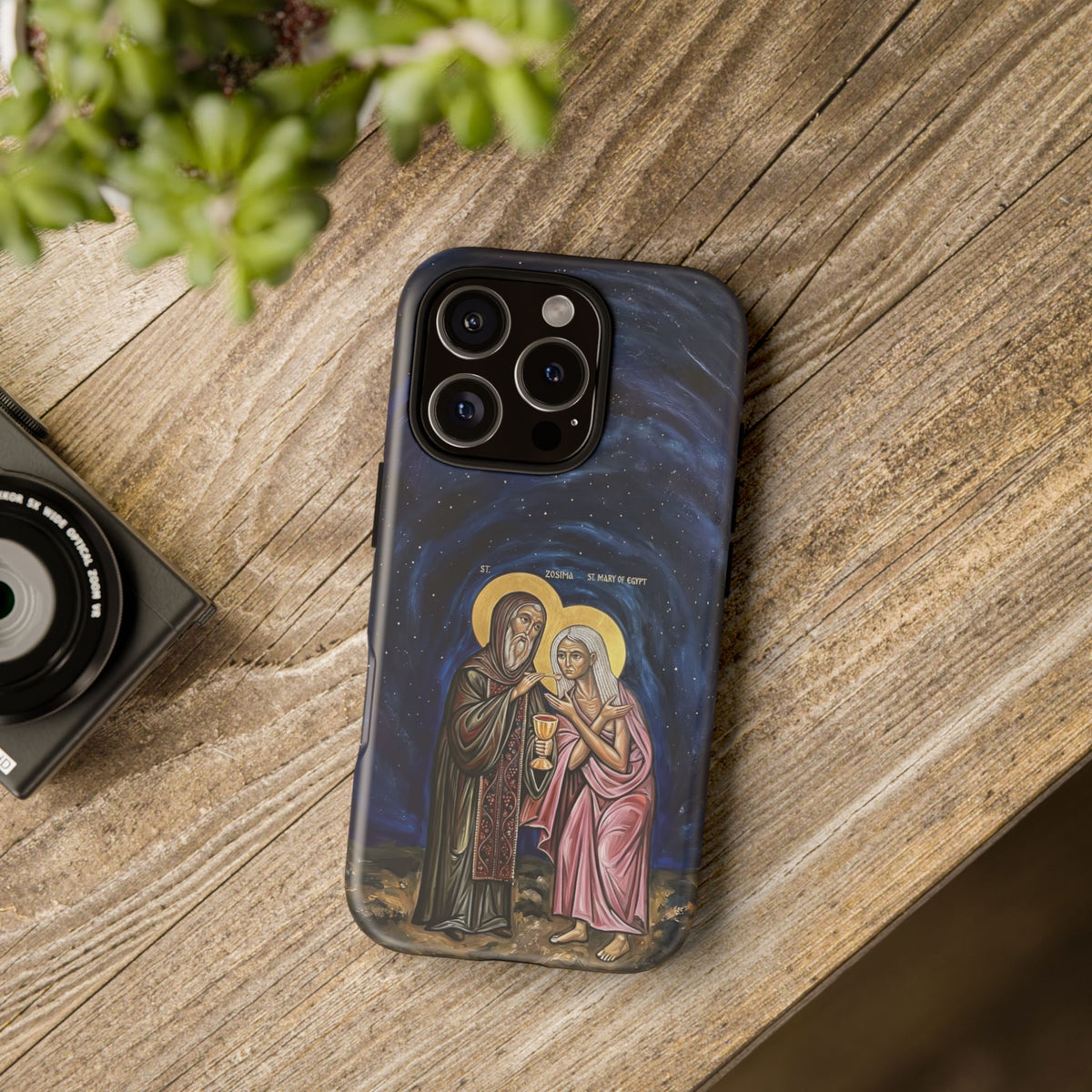Christelijk telefoonhoesje Maria van Egypte en Sint-Zosimas donkerblauw mat