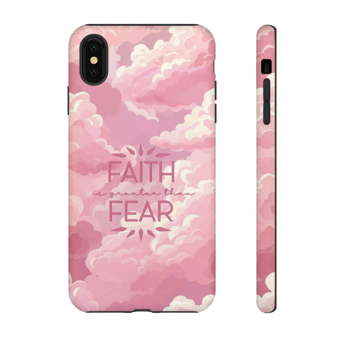 Christelijk telefoonhoesje Geloof is sterker dan angst roze mat