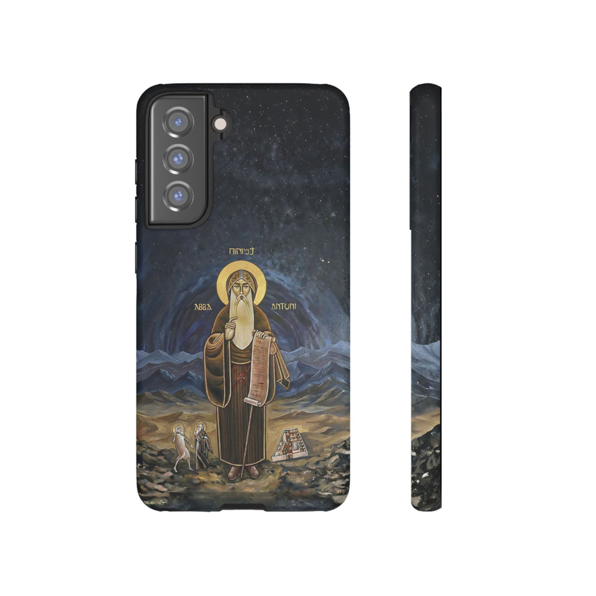 Christelijk telefoonhoesje Sint-Antonius de Grote donkerblauw mat
