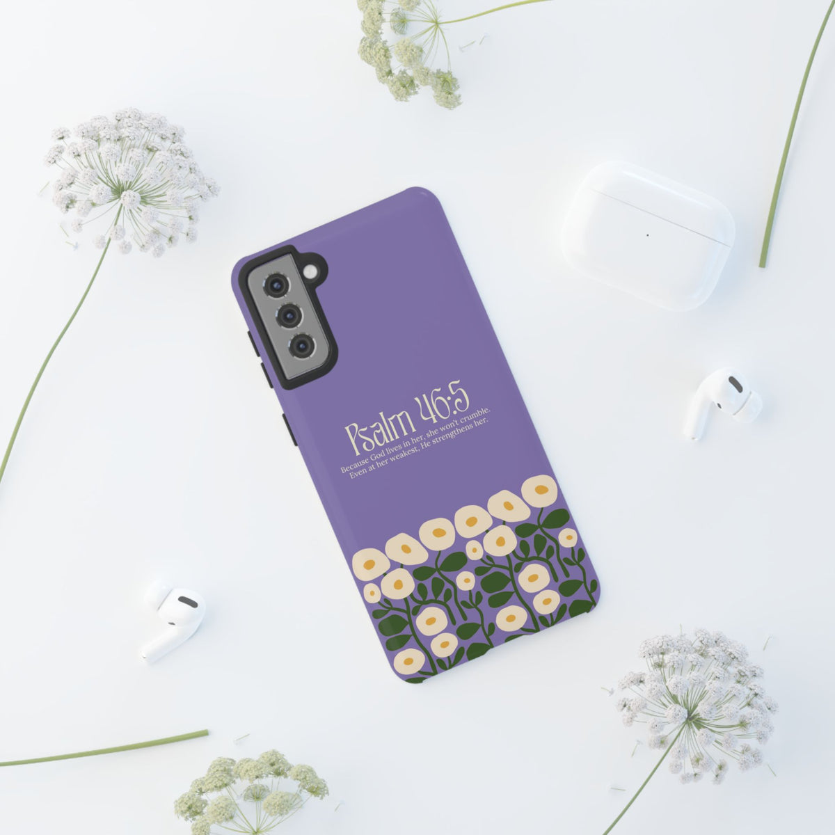 Christelijk telefoonhoesje God woont in haar lila mat