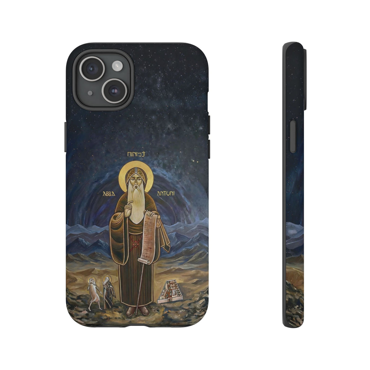 Christelijk telefoonhoesje Sint-Antonius de Grote donkerblauw mat
