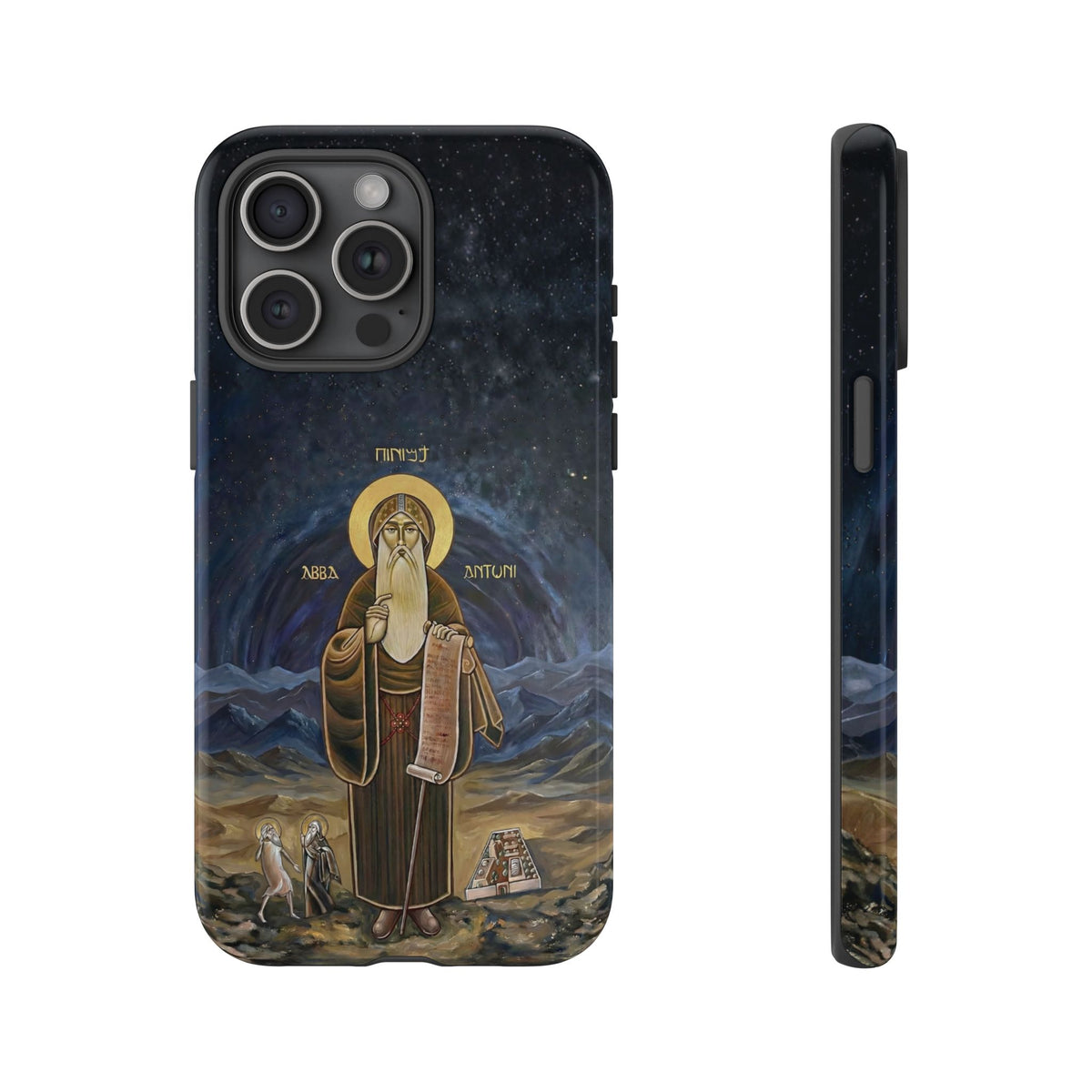 Christelijk telefoonhoesje Sint-Antonius de Grote donkerblauw mat