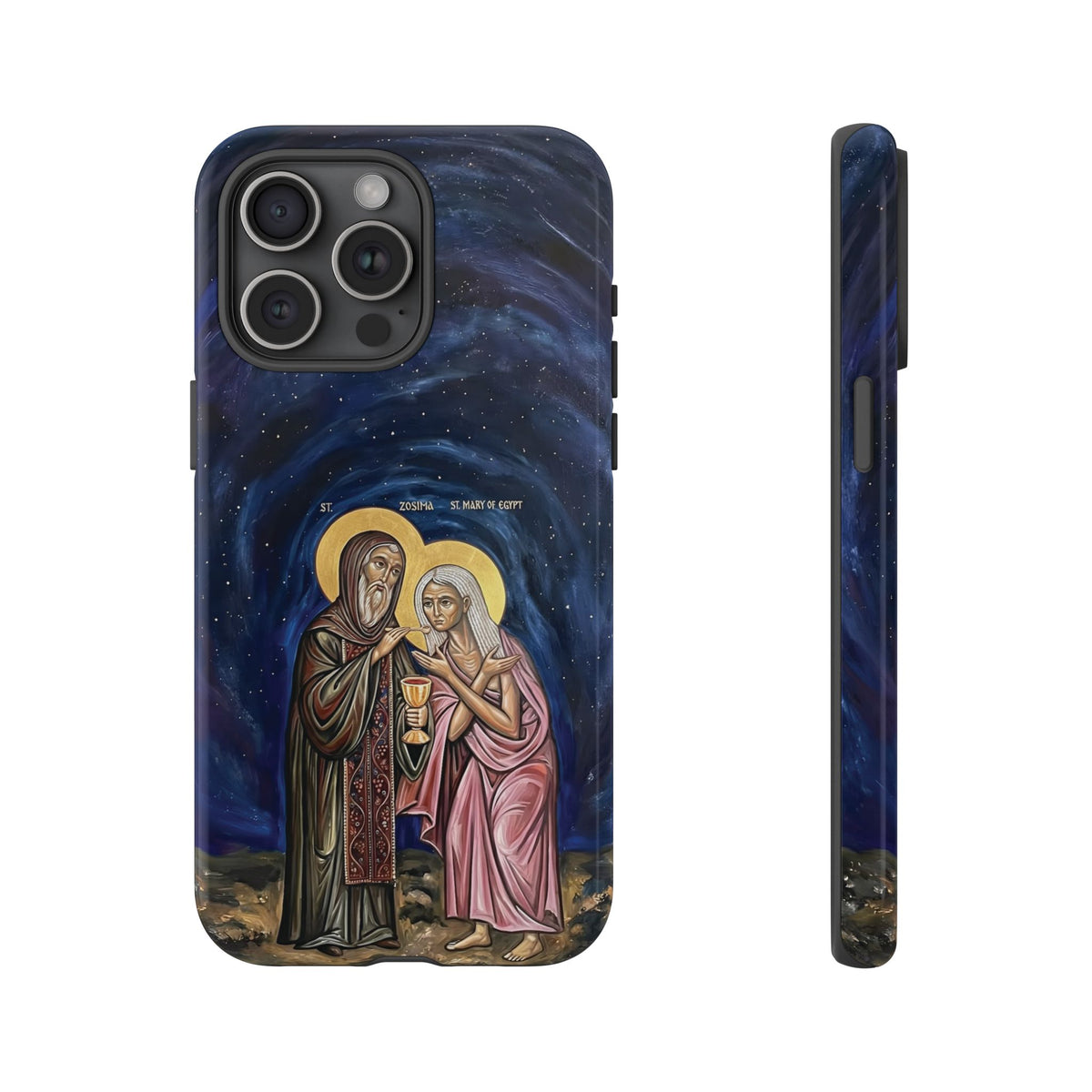 Christelijk telefoonhoesje Maria van Egypte en Sint-Zosimas donkerblauw mat