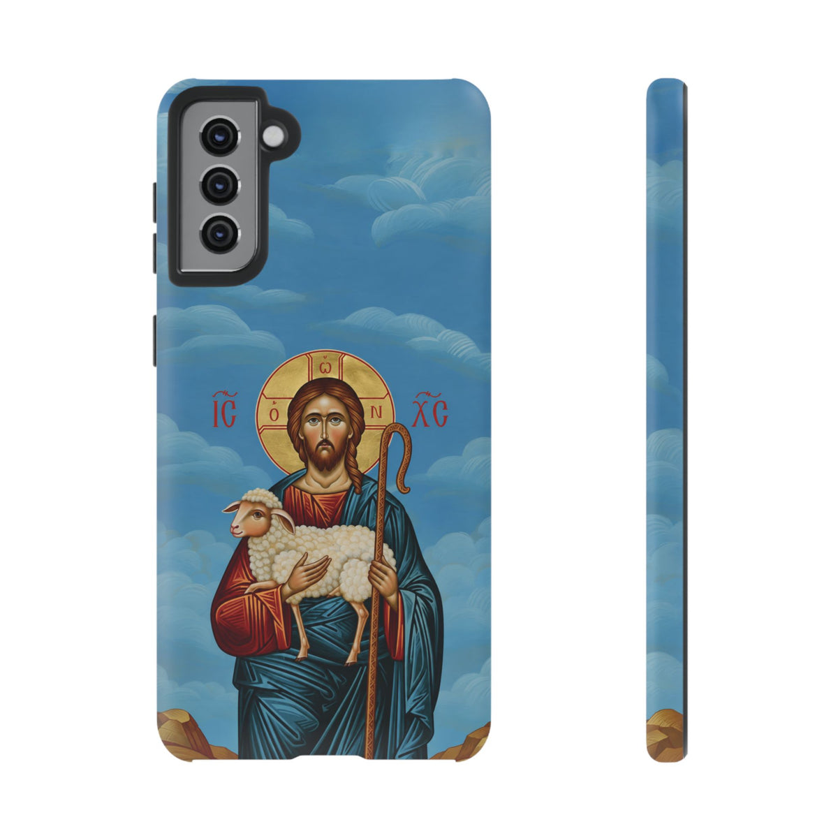 Christelijk telefoonhoesje De Goede Herder blauw mat
