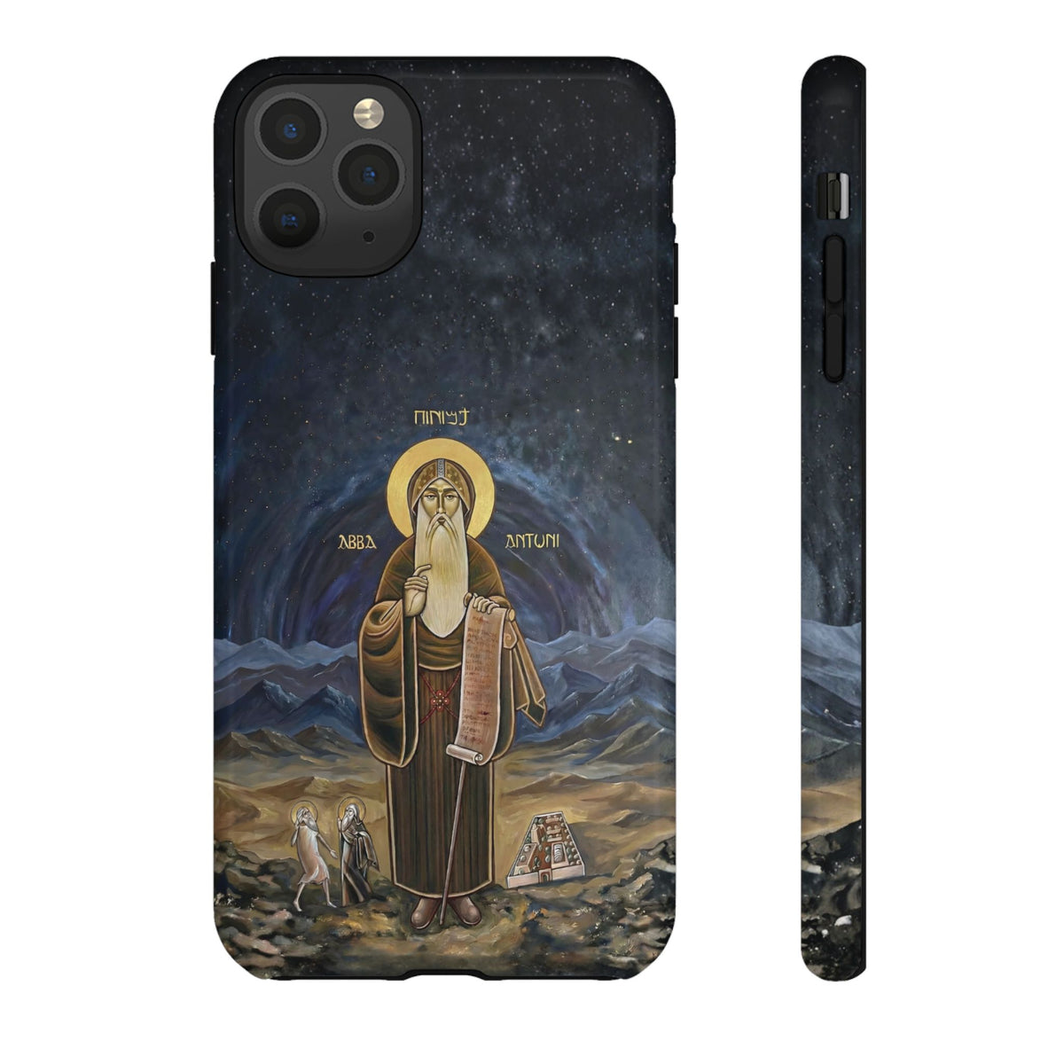 Christelijk telefoonhoesje Sint-Antonius de Grote donkerblauw mat