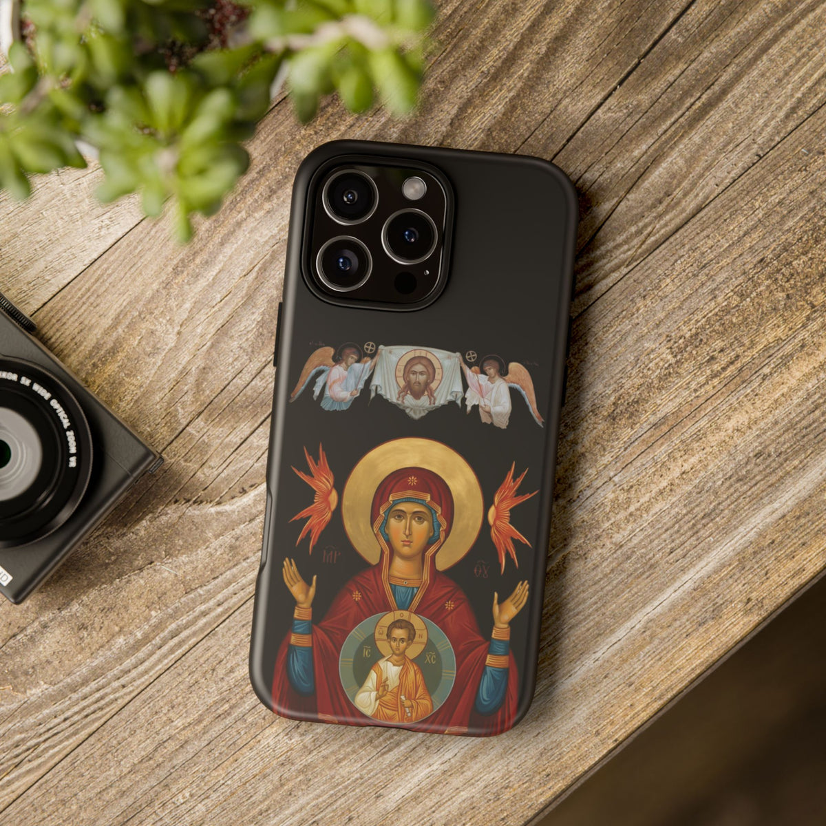 Christelijk telefoonhoesje De Heilige Maagd Maria zwart mat