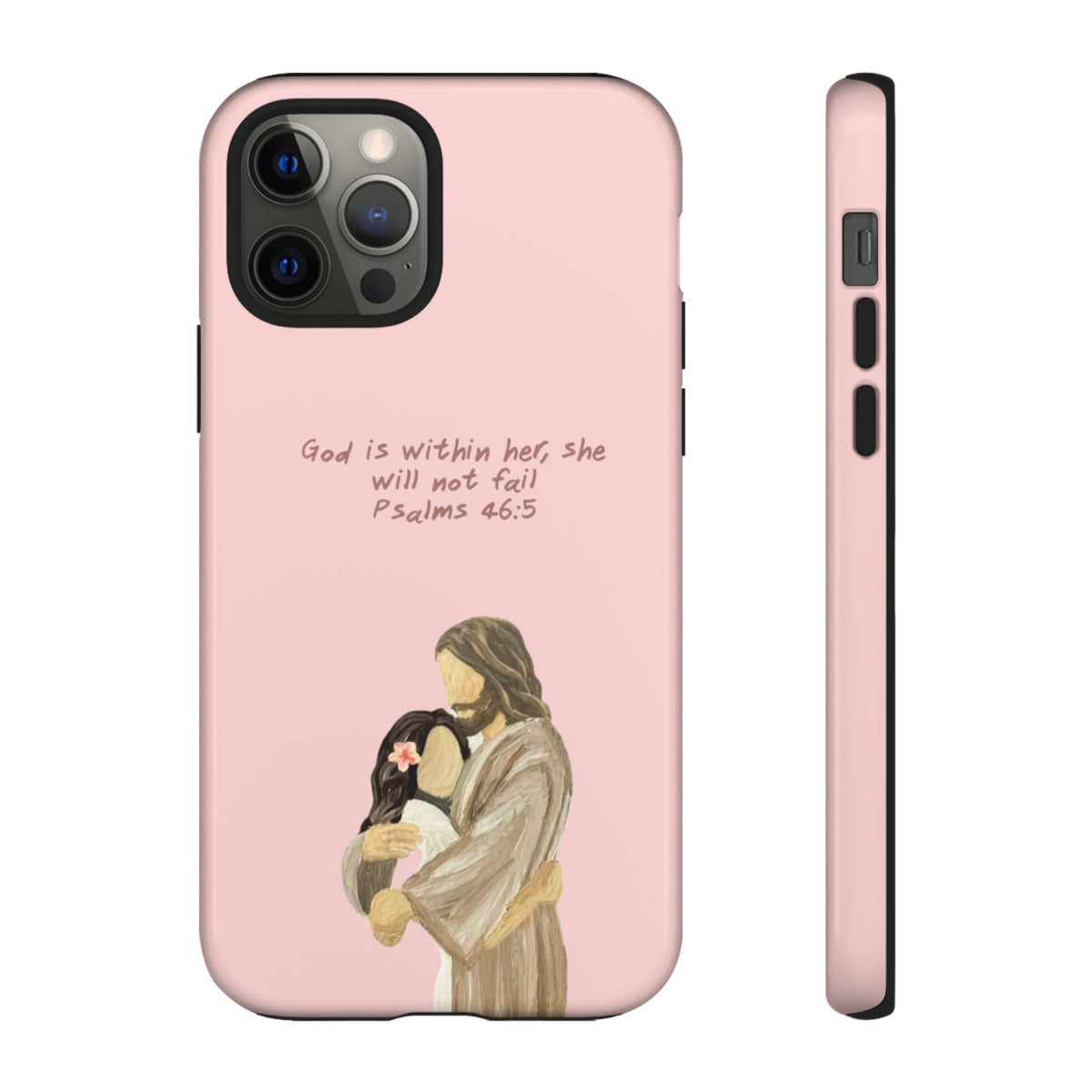 Christelijk telefoonhoesje God is in haar roze mat
