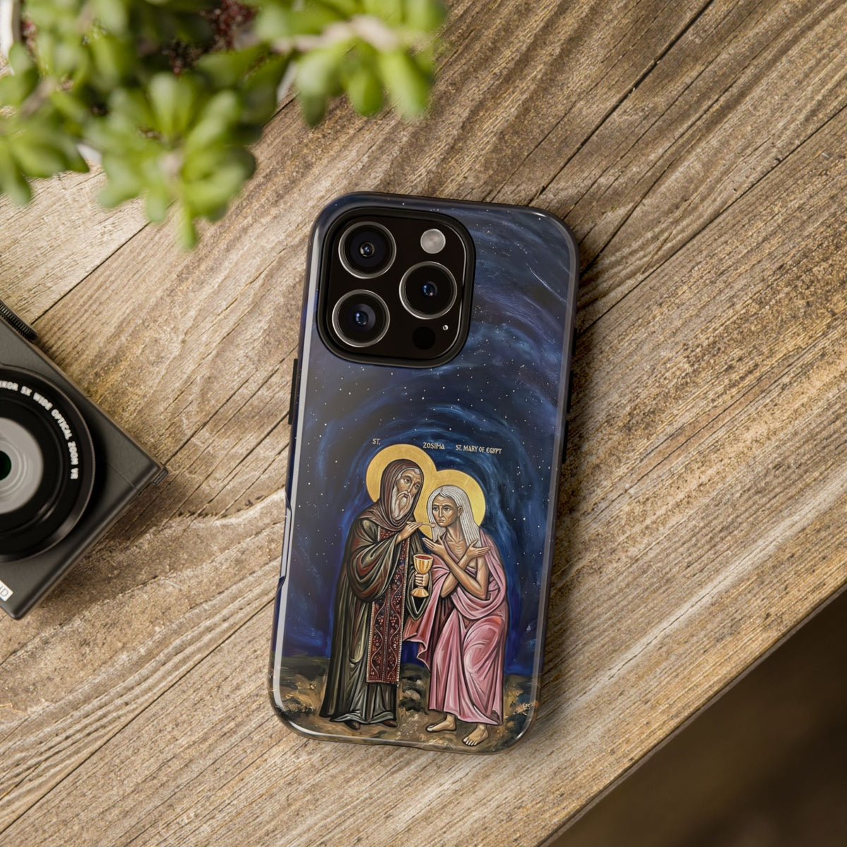 Christelijk telefoonhoesje Maria van Egypte en Sint-Zosimas donkerblauw mat
