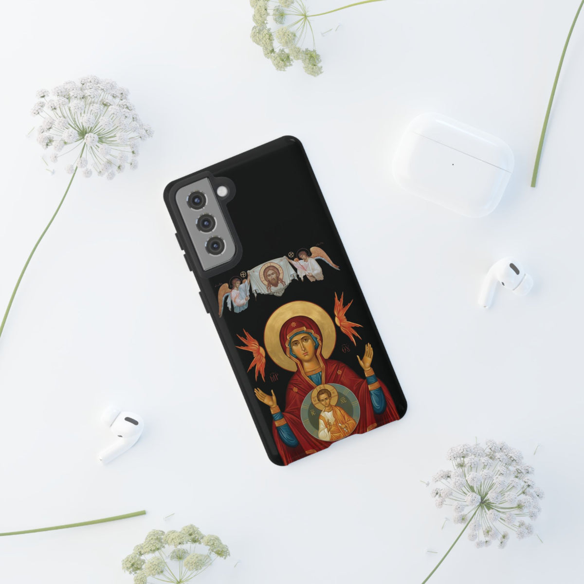 Christelijk telefoonhoesje De Heilige Maagd Maria zwart mat
