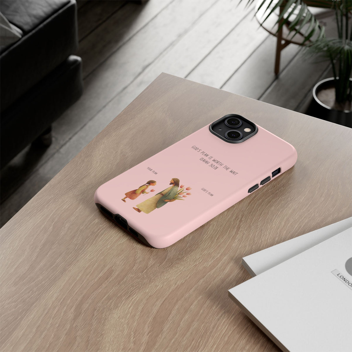 Christelijk telefoonhoesje Gods plan is beter roze mat