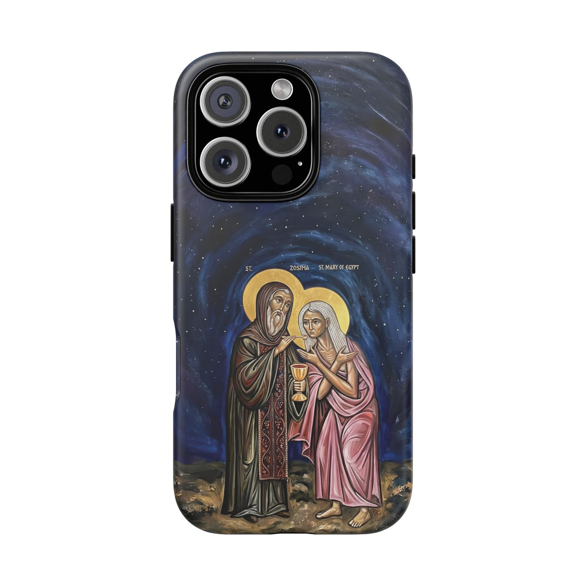 Christelijk telefoonhoesje Maria van Egypte en Sint-Zosimas donkerblauw mat
