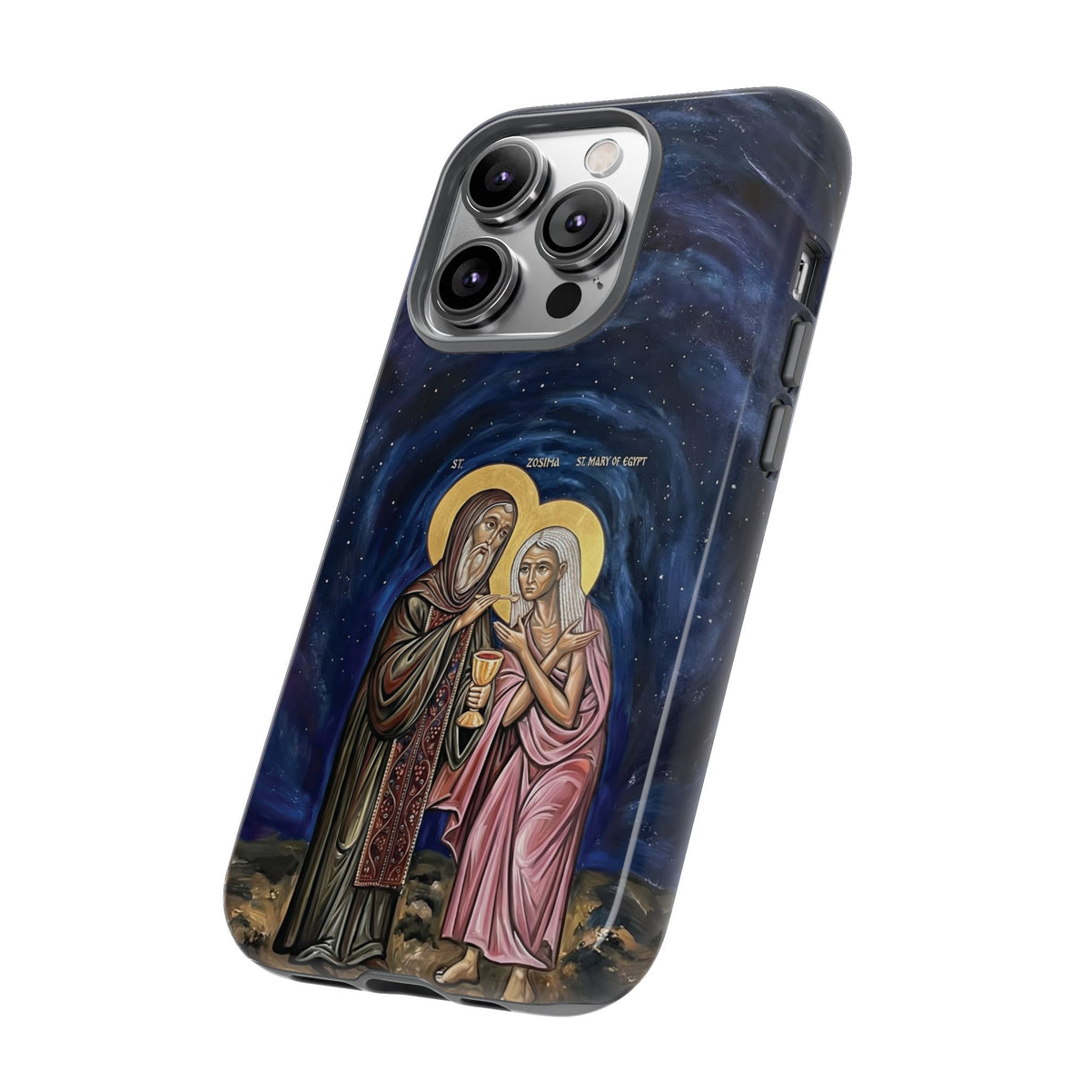 Christelijk telefoonhoesje Maria van Egypte en Sint-Zosimas donkerblauw mat