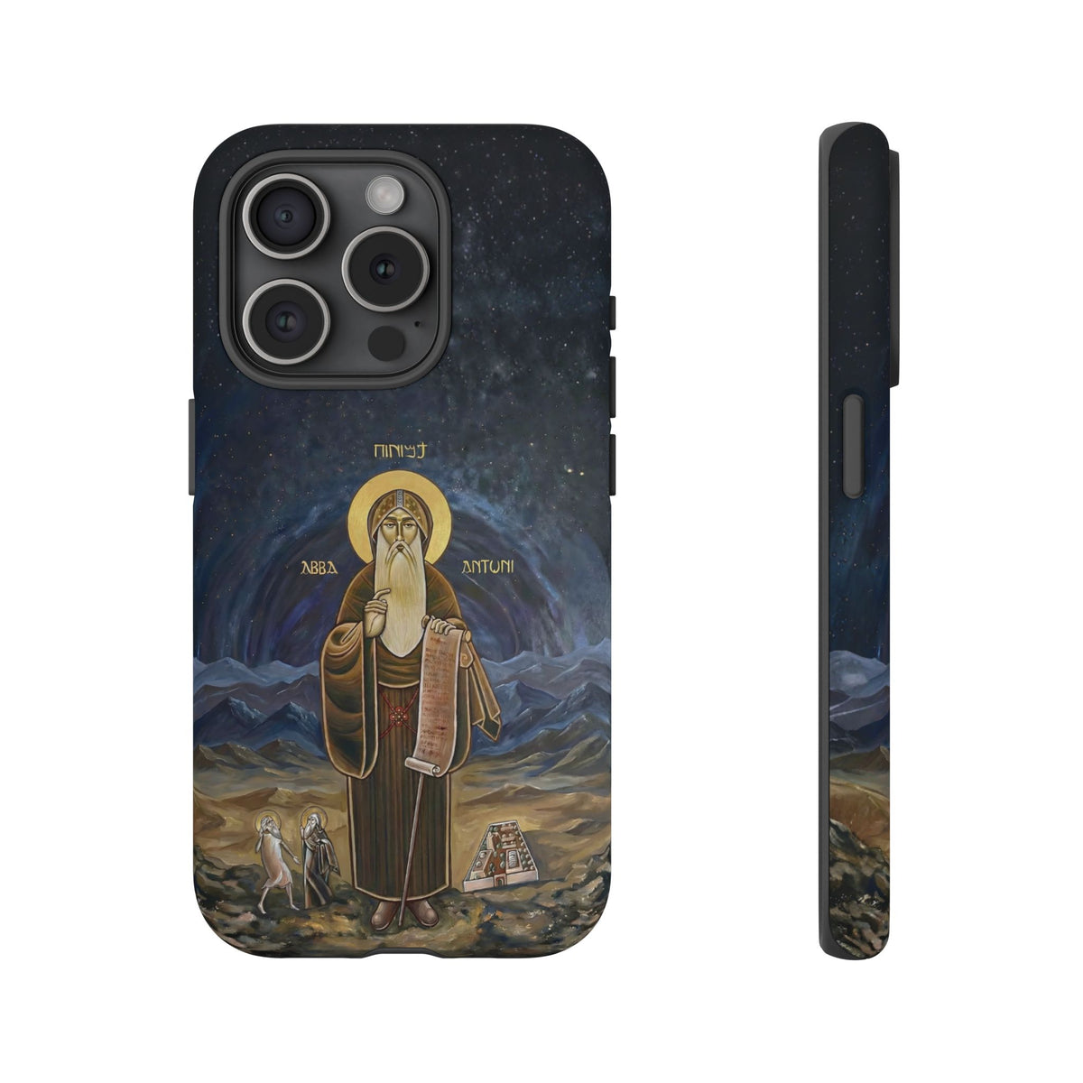 Christelijk telefoonhoesje Sint-Antonius de Grote donkerblauw mat