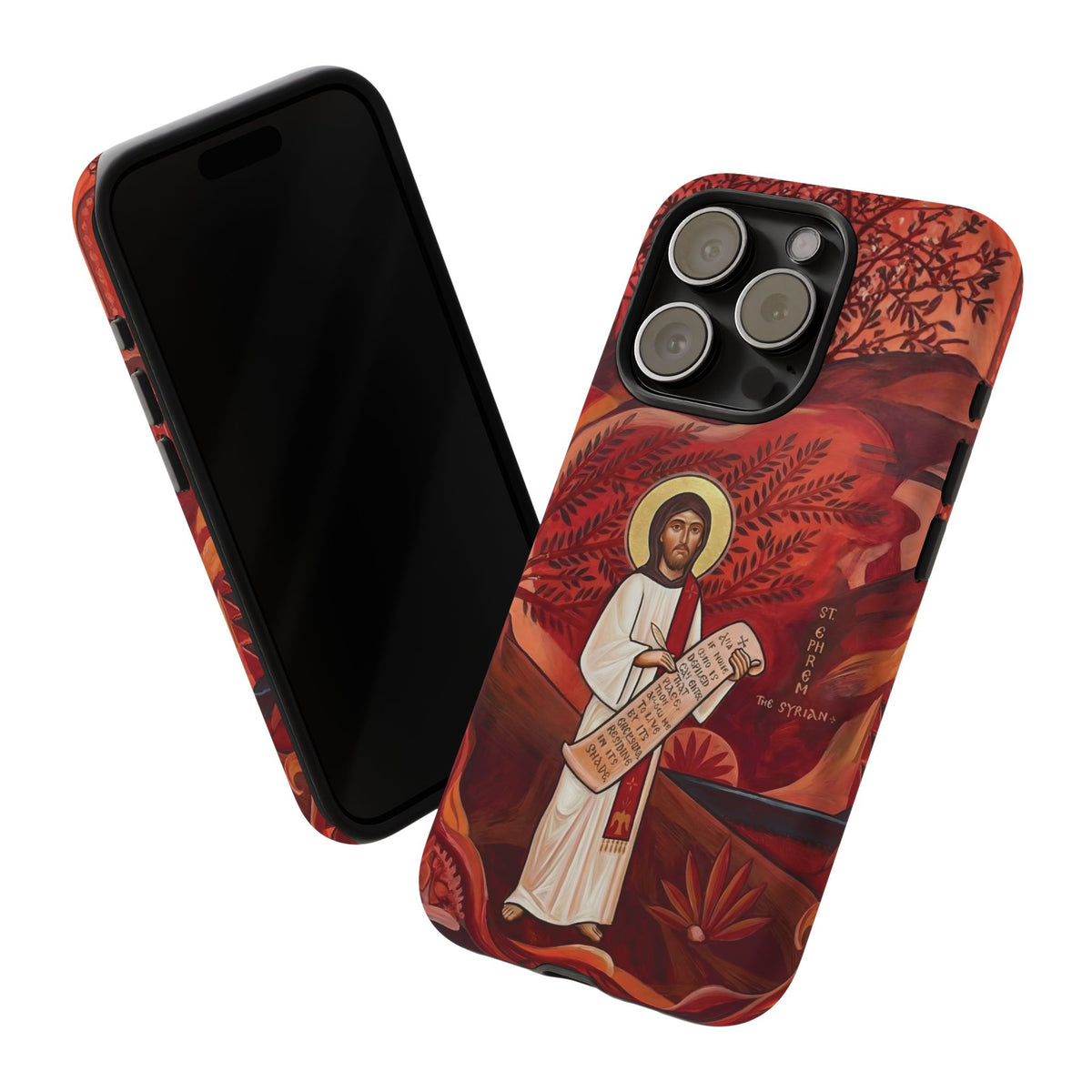 Christelijk telefoonhoesje Sint-Efrem de Syriër rood mat