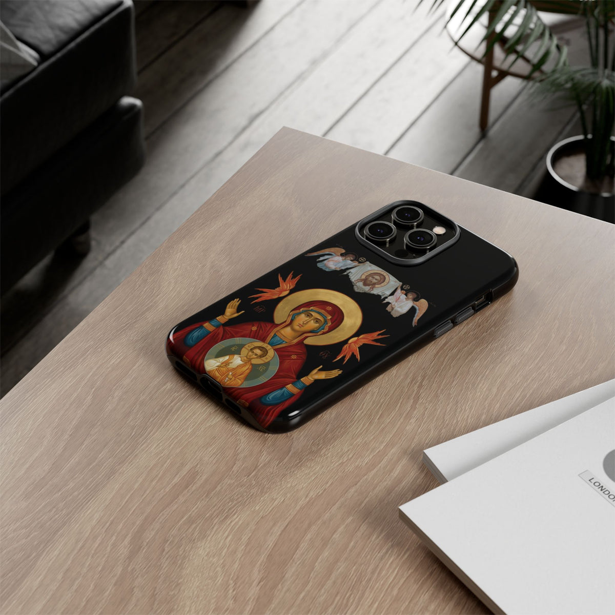 Christelijk telefoonhoesje De Heilige Maagd Maria zwart mat