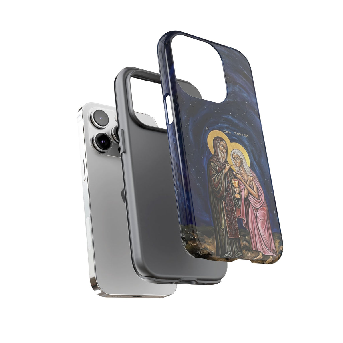 Christelijk telefoonhoesje Maria van Egypte en Sint-Zosimas donkerblauw mat