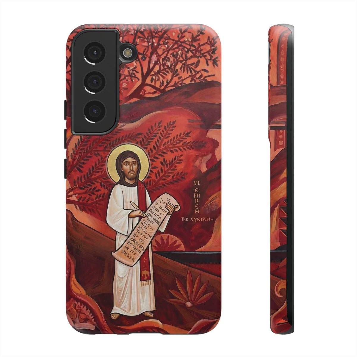 Christelijk telefoonhoesje Sint-Efrem de Syriër rood mat