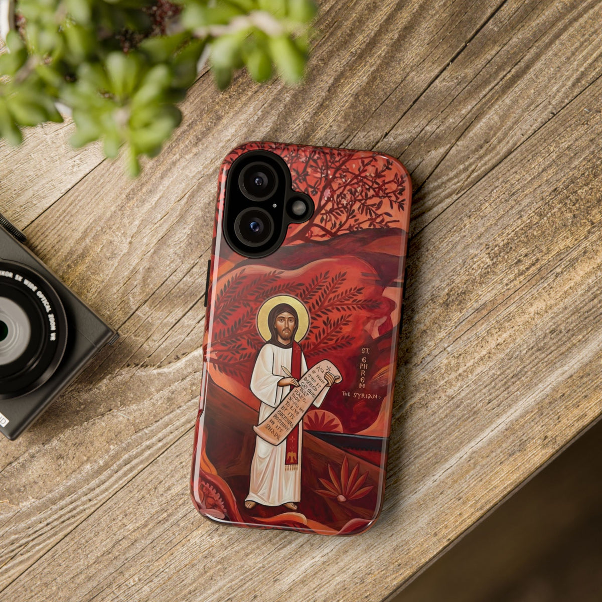 Christelijk telefoonhoesje Sint-Efrem de Syriër rood mat