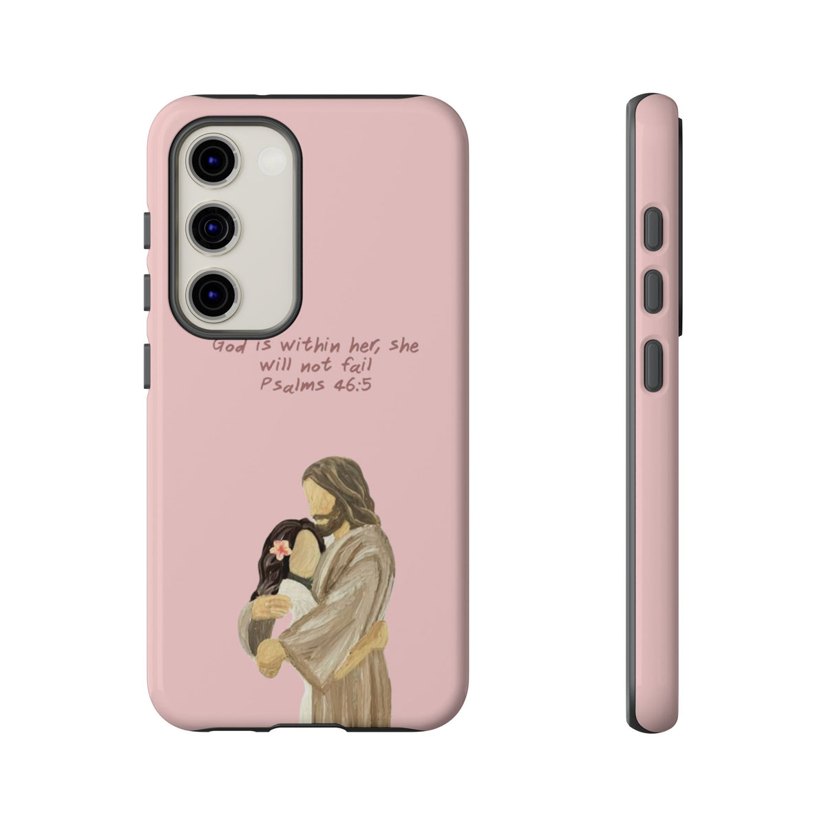 Christelijk telefoonhoesje God is in haar roze mat