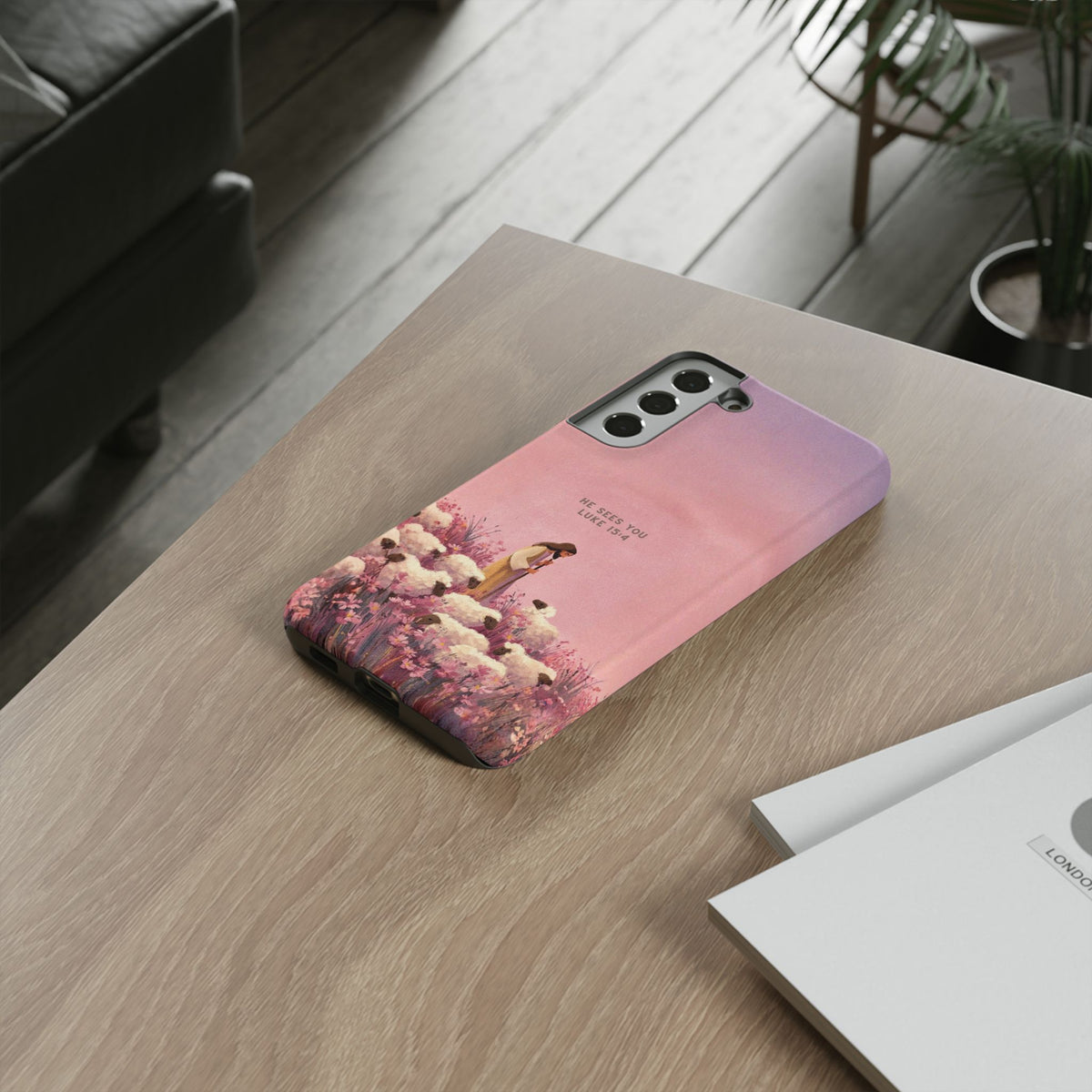 Christelijk telefoonhoesje Hij ziet jou roze mat