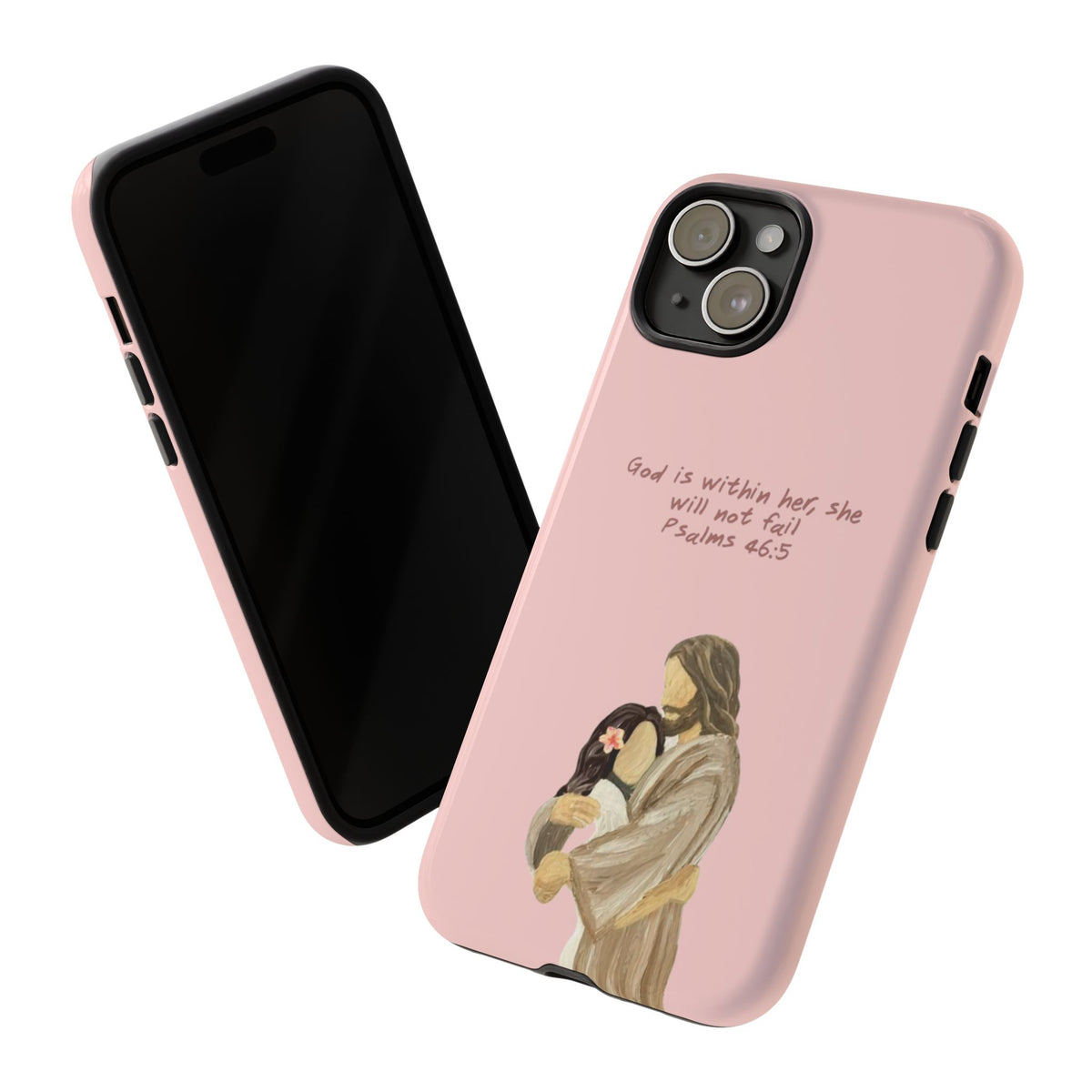 Christelijk telefoonhoesje God is in haar roze mat