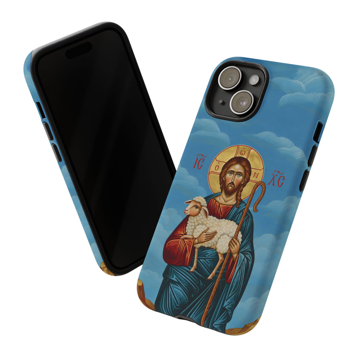 Christelijk telefoonhoesje De Goede Herder blauw mat