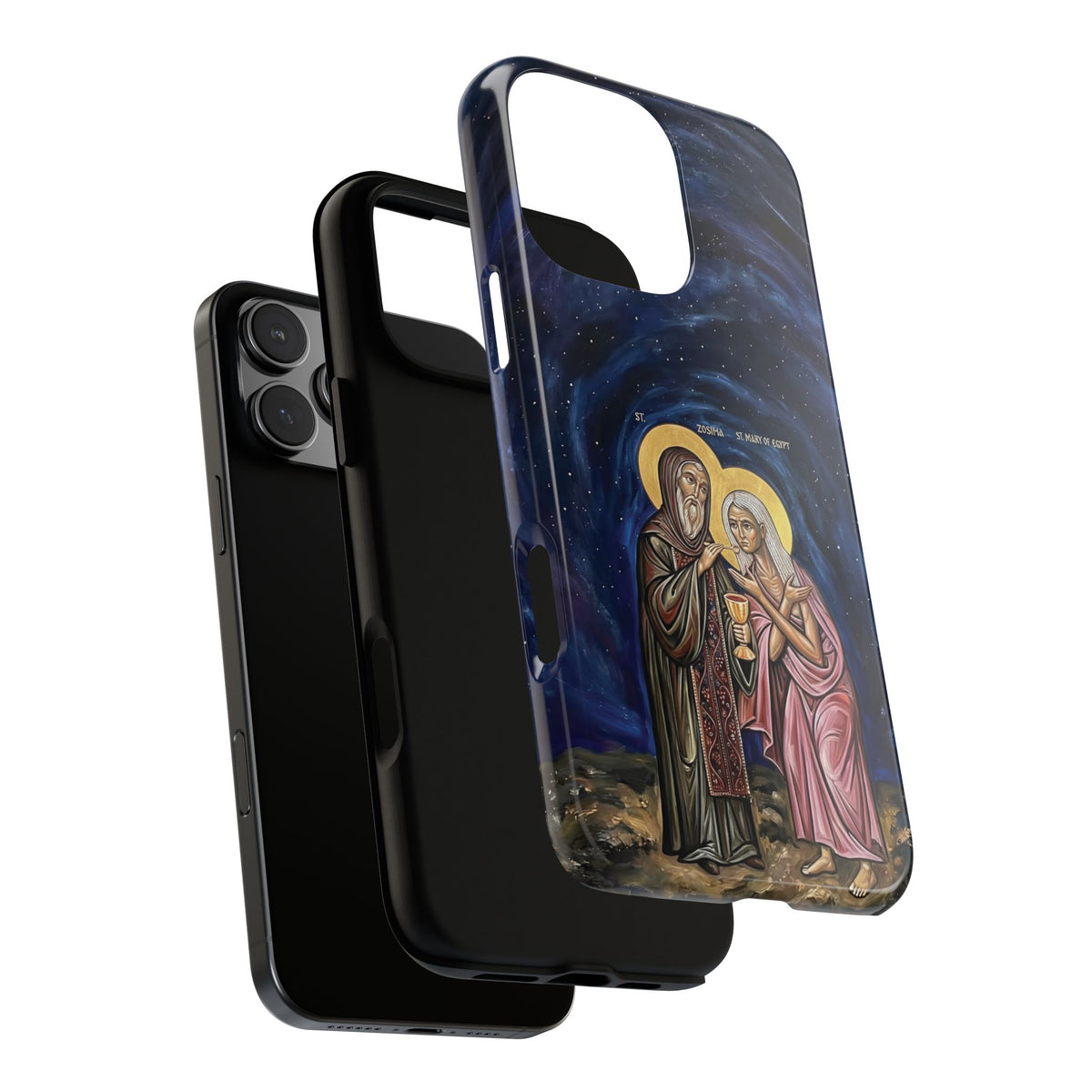 Christelijk telefoonhoesje Maria van Egypte en Sint-Zosimas donkerblauw mat