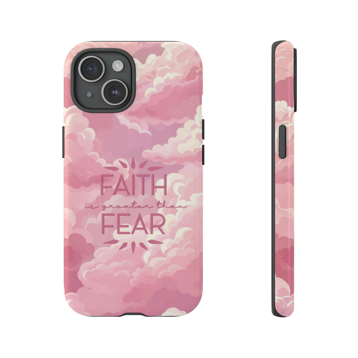 Christelijk telefoonhoesje Geloof is sterker dan angst roze mat