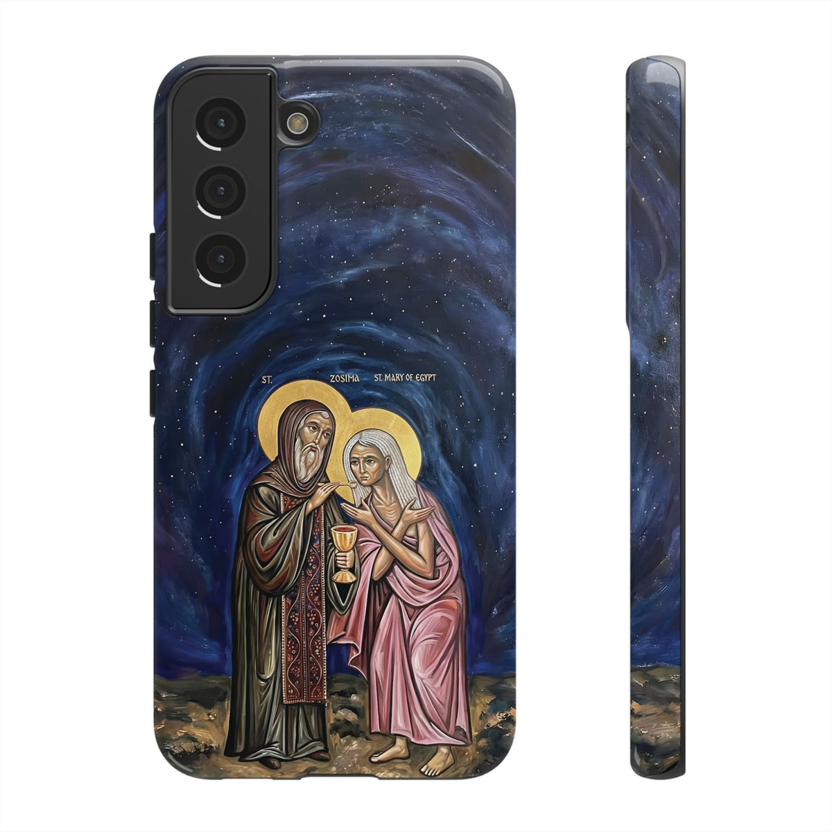 Christelijk telefoonhoesje Maria van Egypte en Sint-Zosimas donkerblauw mat