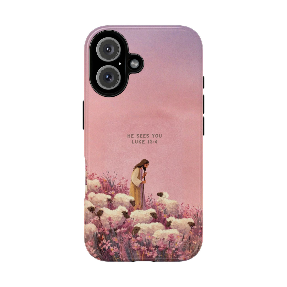 Christelijk telefoonhoesje Hij ziet jou roze mat