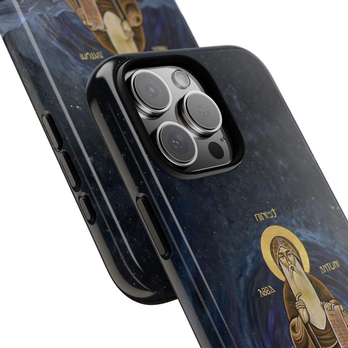 Christelijk telefoonhoesje Sint-Antonius de Grote donkerblauw mat