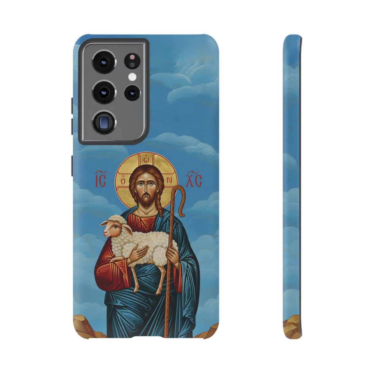 Christelijk telefoonhoesje De Goede Herder blauw mat