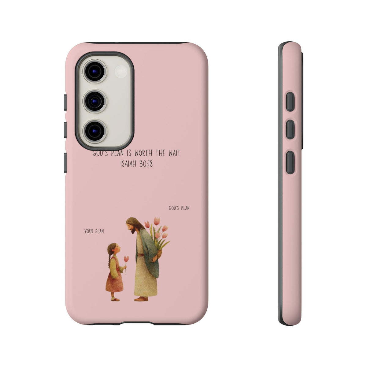 Christelijk telefoonhoesje Gods plan is beter roze mat