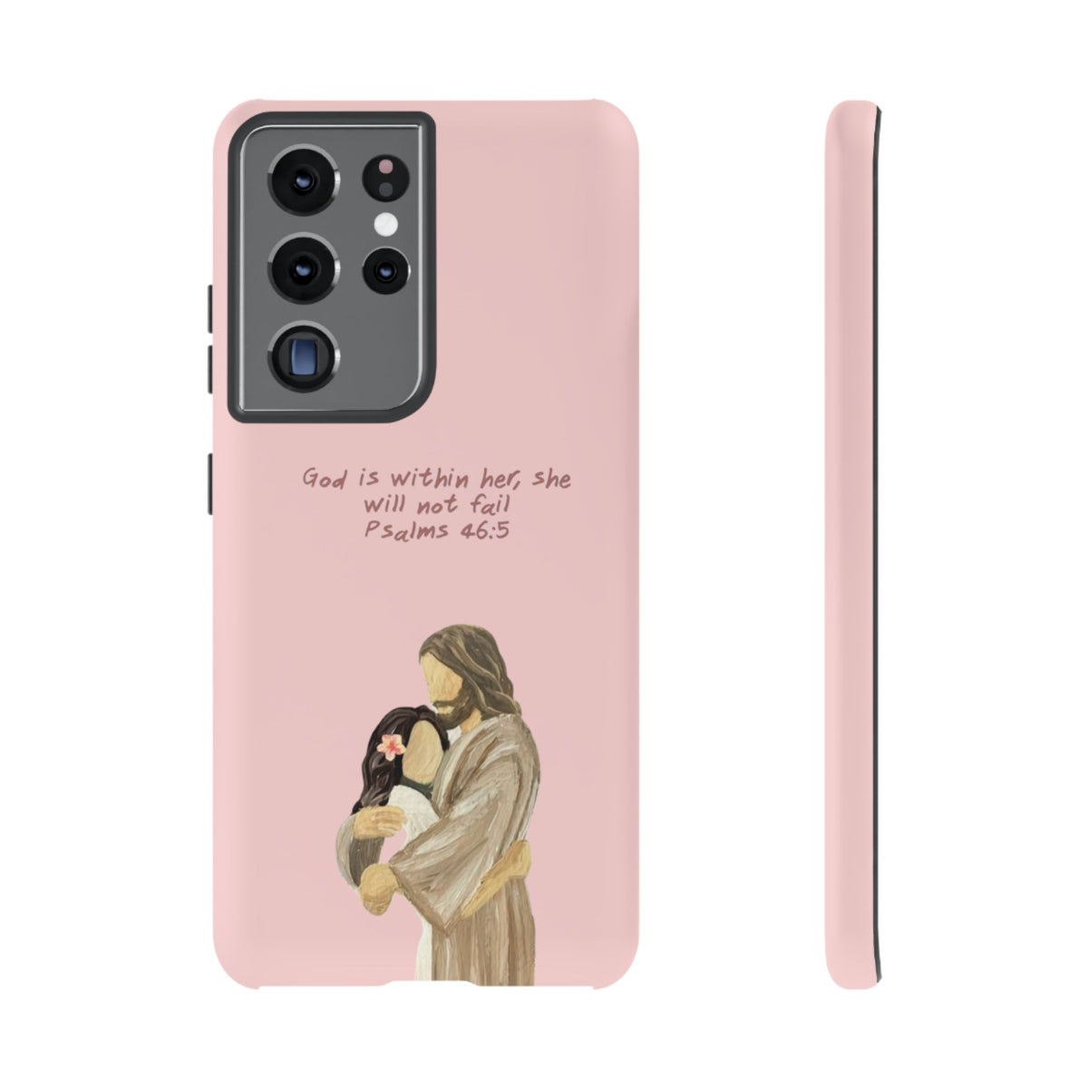 Christelijk telefoonhoesje God is in haar roze mat